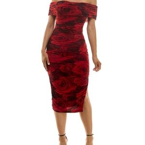 B Darlin Red and Black Ruched Off-Shoulder Bodycon Midi Dress